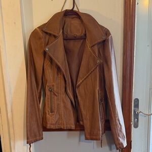 Max Studio Cognac Brown Leather Moto Jacket